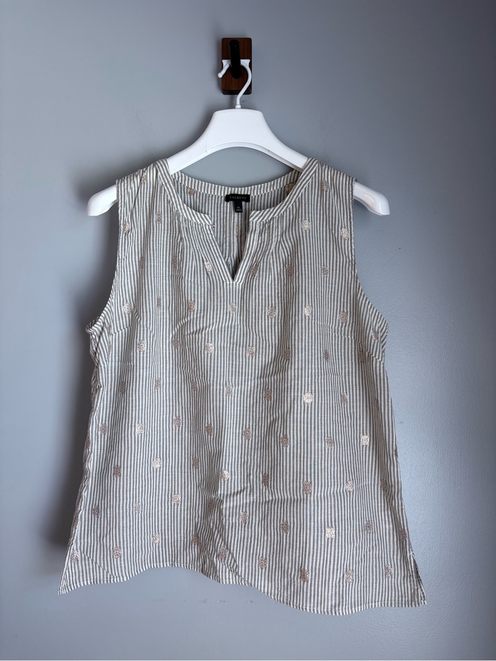 Talbots Metallic Embroidered Striped Sleeveless Split Neck Tank Coastal Grandma